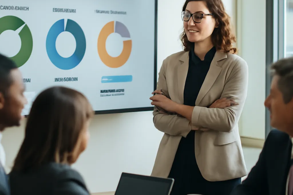 Acheteuse responsable en réunion analysant des critères ESG sur un tableau de bord fournisseurs