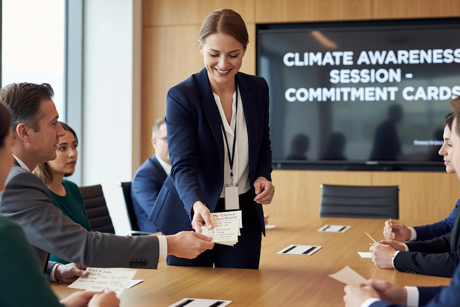 Animatrice récupérant les engagements écrits des participants à la fin d'un atelier climat en entreprise