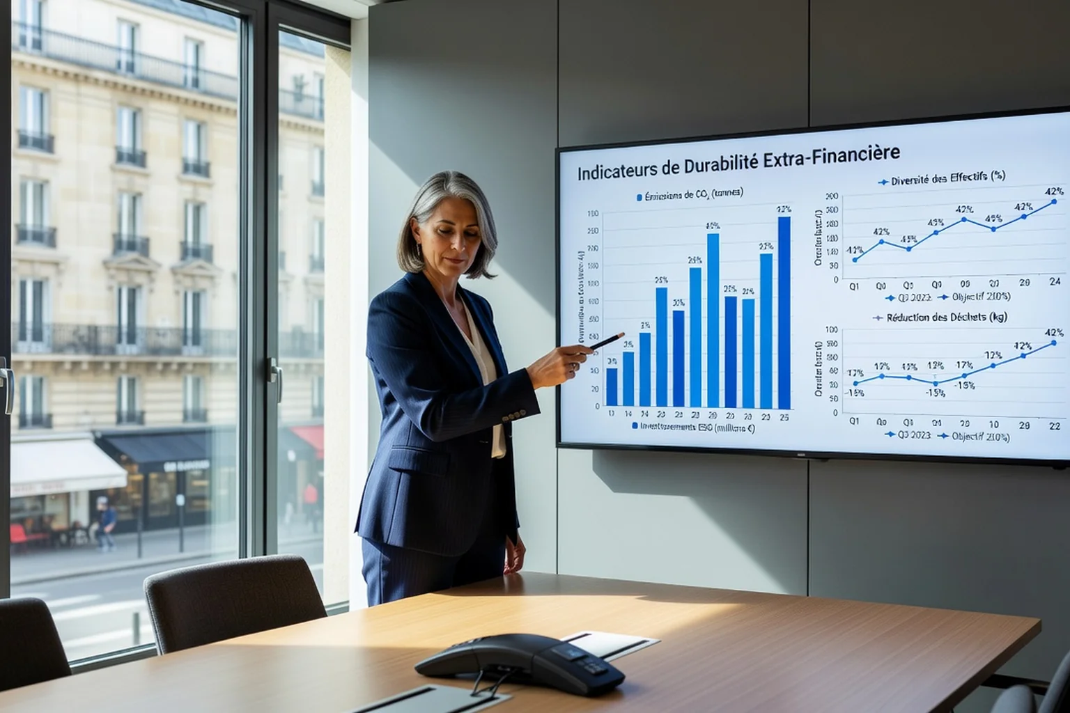 Réunion d'une direction financière et RSE confrontant le nouveau calendrier CSRD à son plan de collecte de données extra-financières