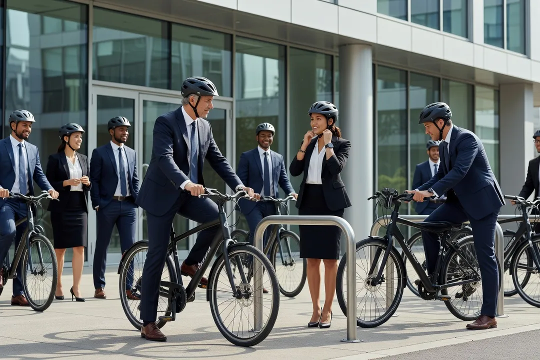 Salarié consultant une application de forfait mobilités durables sur smartphone devant un point de recharge vélo en entreprise