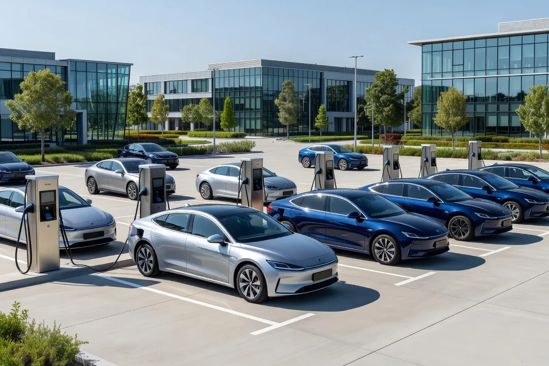 Flotte de véhicules électriques d’entreprise rechargeant sur des bornes en parking professionnel, symbole du verdissement de flotte
