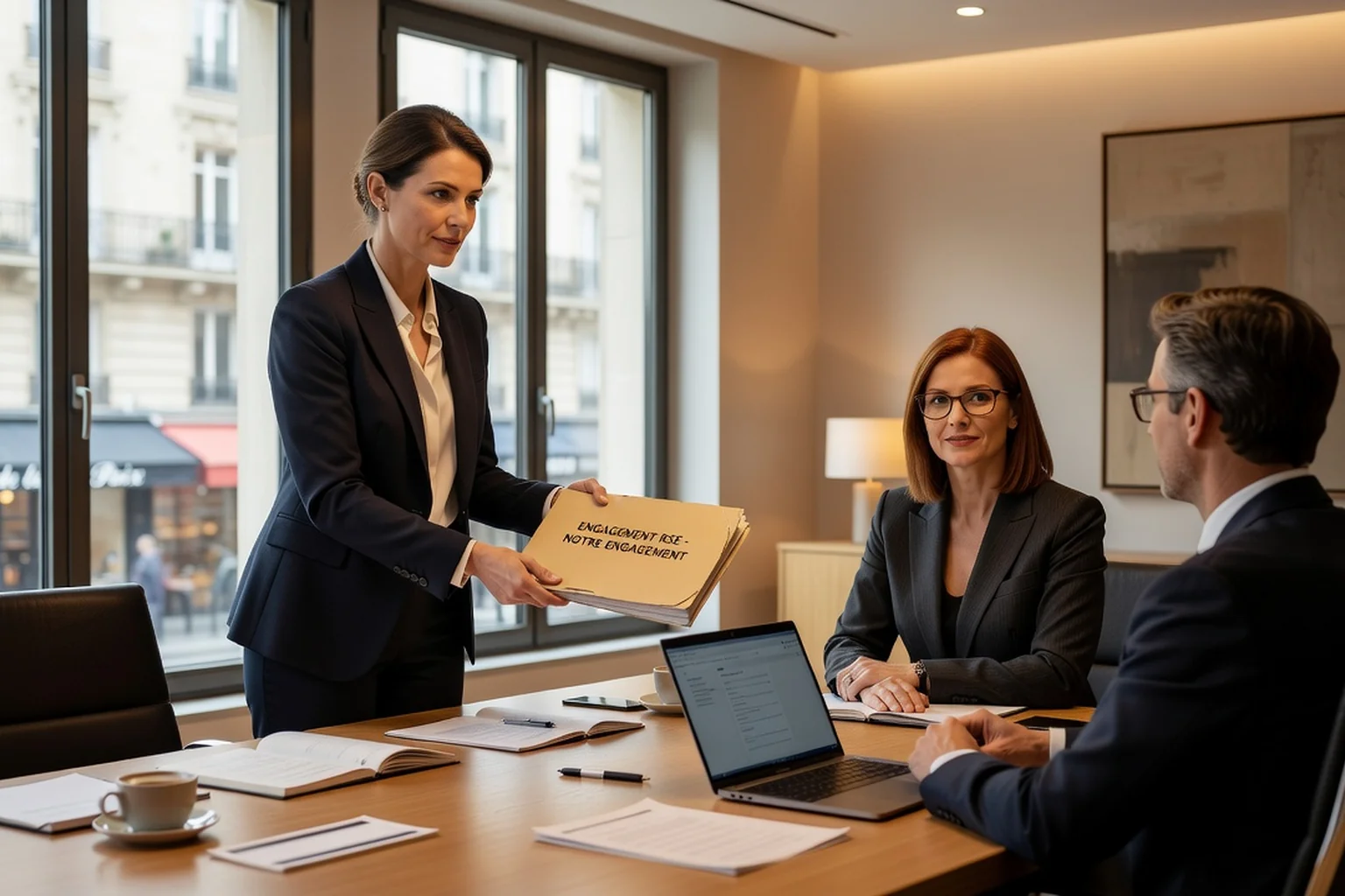 Consultant accompagnant une PME dans la réponse à un questionnaire RSE client sur un ordinateur portable