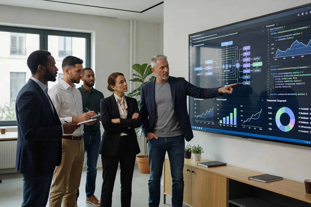 Équipe DSI analysant l’empreinte carbone d’une architecture applicative sur écran