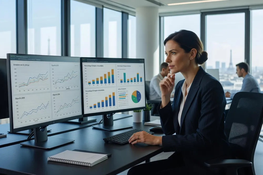 Analyste ESG française examinant des tableaux de bord de reporting de durabilité sur deux écrans d’ordinateur dans un bureau moderne