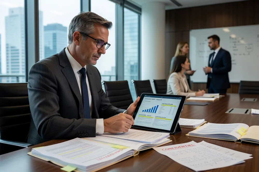 Auditeur professionnel français consultant des dossiers de conformité réglementaire avec une tablette dans une salle de réunion d’entreprise