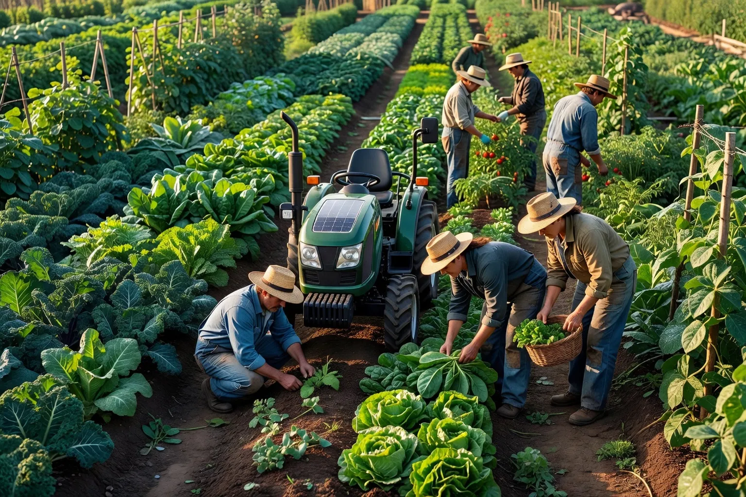 Champ maraîcher biologique avec tracteur électrique et travailleurs agricoles