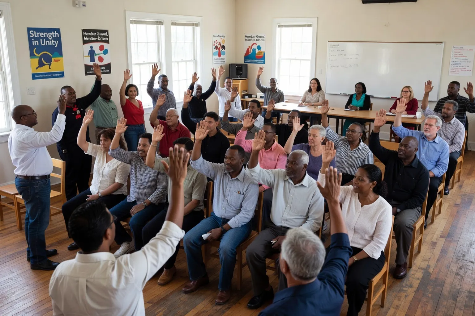 Assemblée de sociétaires d’une Scic agroalimentaire, vote à main levée dans un hangar agricole
