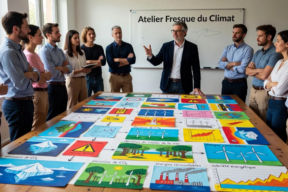 Formateur français animant un atelier fresque du climat avec des employés debout autour d’une grande table couverte de cartes colorées