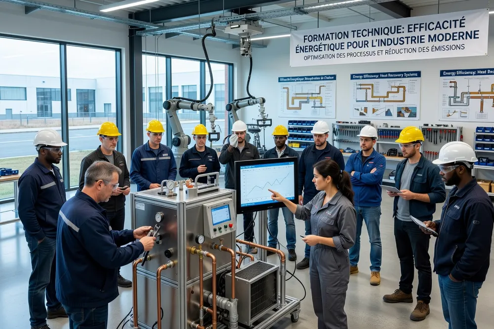 Employés français en formation technique pratique sur l’efficacité énergétique dans un environnement industriel moderne