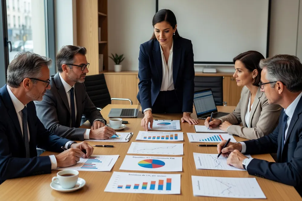 Réunion de travail entre une consultante RSE française et des dirigeants de PME autour d’une table avec documents et graphiques