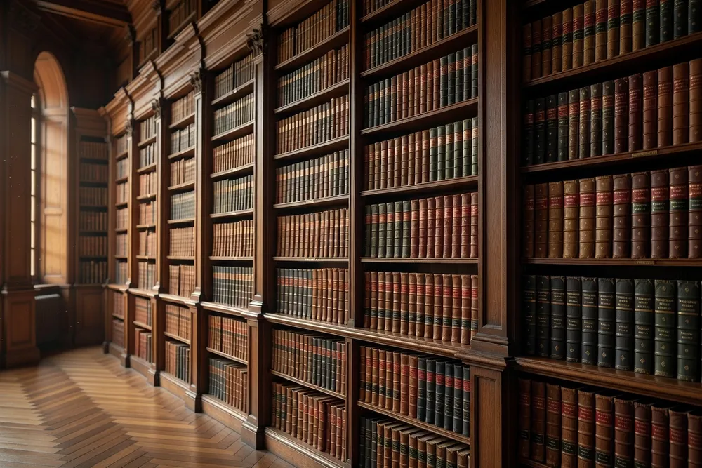 Bibliothèque juridique française avec rangées de codes et de textes de loi sur étagères en bois