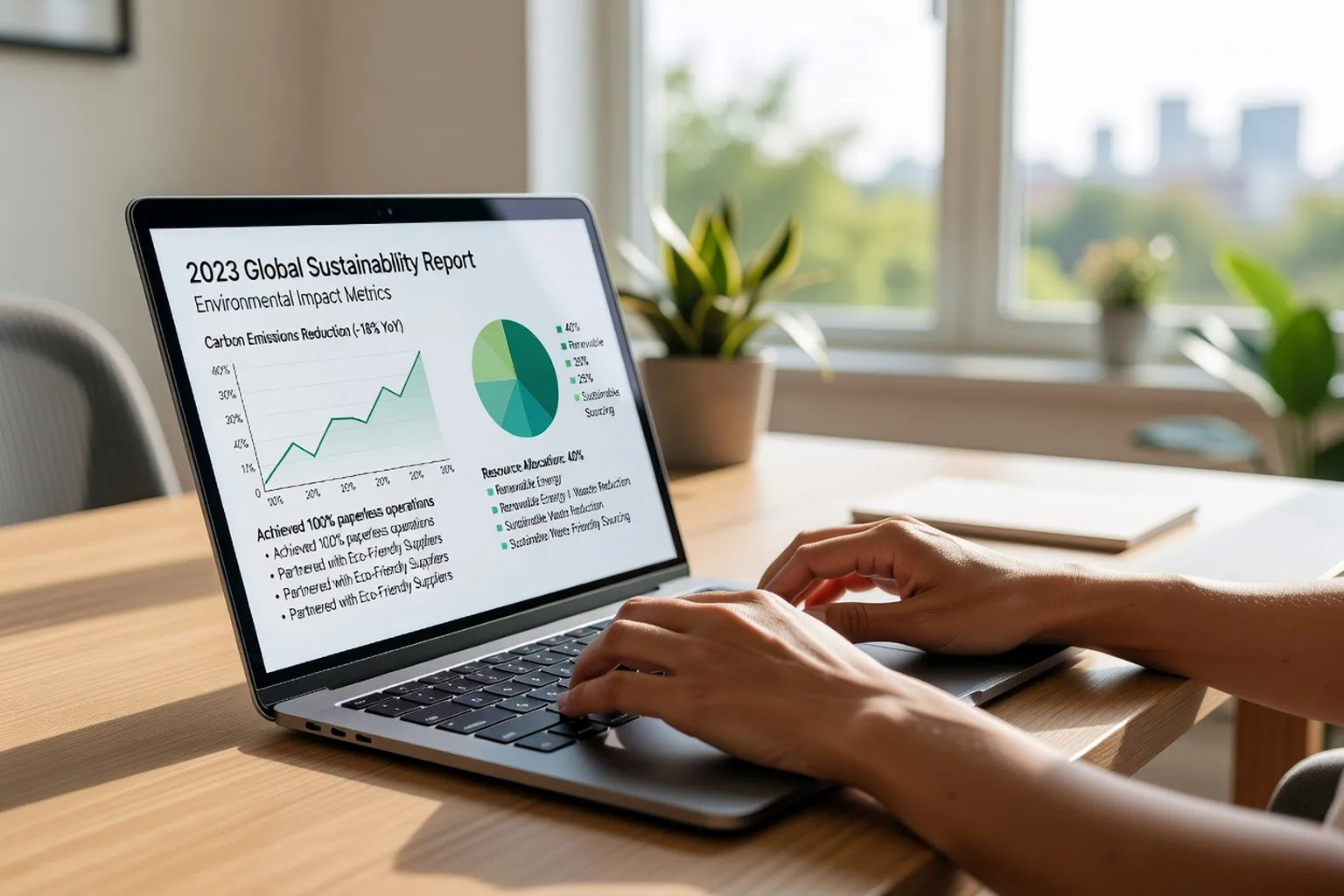 Ordinateur affichant un rapport de durabilité, mains sur clavier, fenêtre lumineuse en arrière-plan