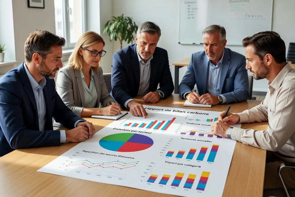 Équipe de PME française en réunion analysant un rapport de bilan carbone imprimé avec graphiques colorés