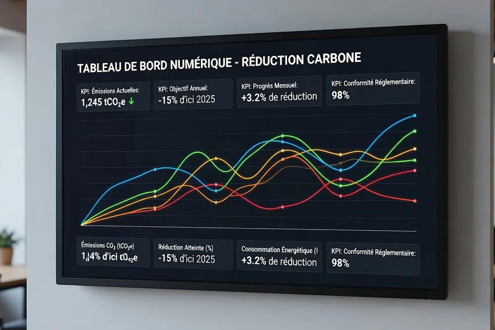 Tableau de bord numérique français affichant des indicateurs KPI de réduction carbone avec courbes de tendance colorées