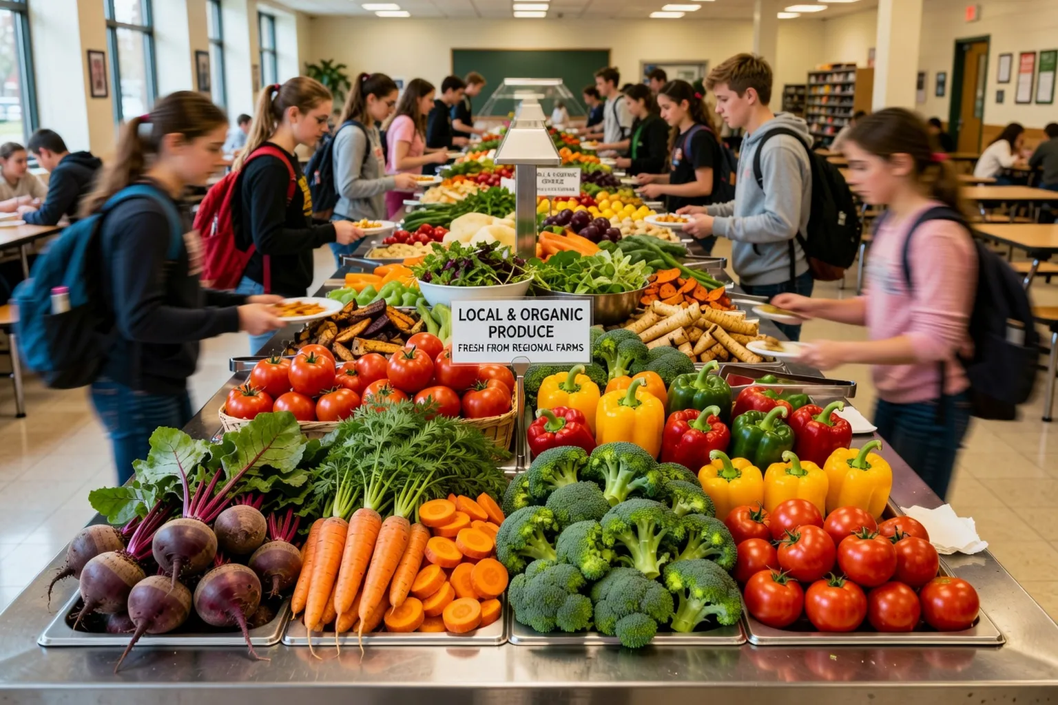 Buffet de restaurant scolaire avec produits locaux et bio, légumes colorés