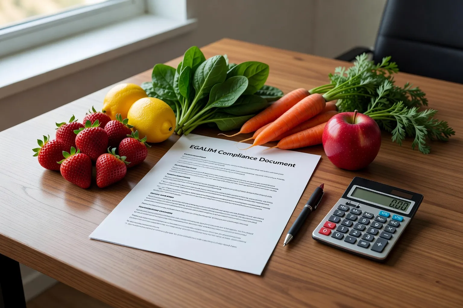 Document EGALIM sur bureau avec fruits et légumes bio autour