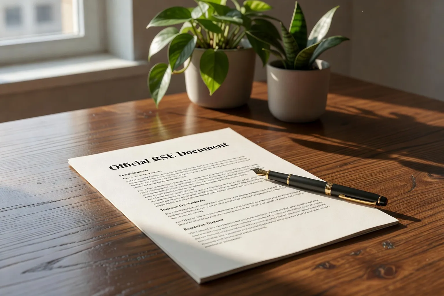 Document RSE officiel sur bureau en bois avec stylo et plantes