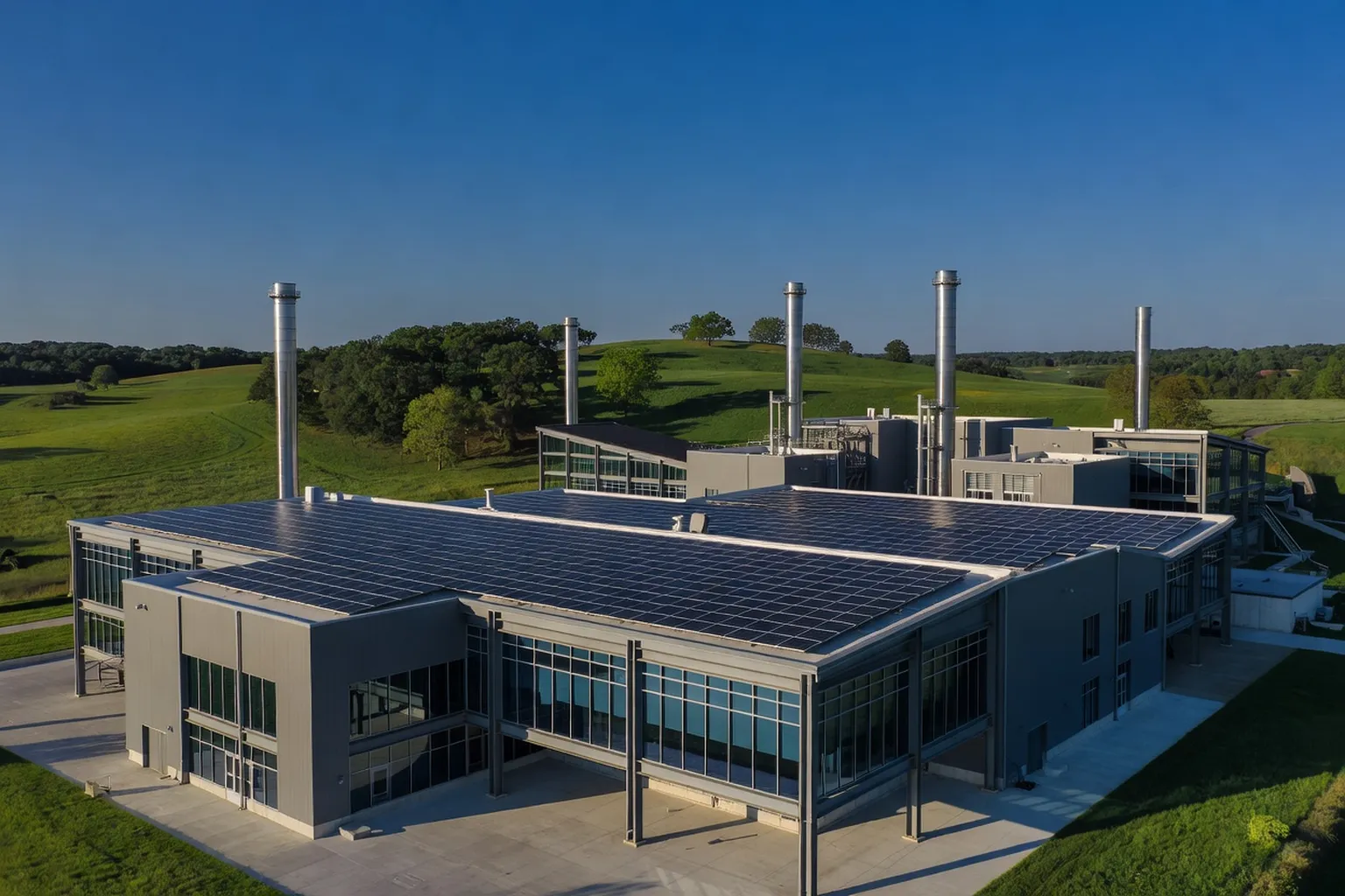 Usine moderne avec panneaux solaires et paysage vert, symbole de décarbonation industrielle