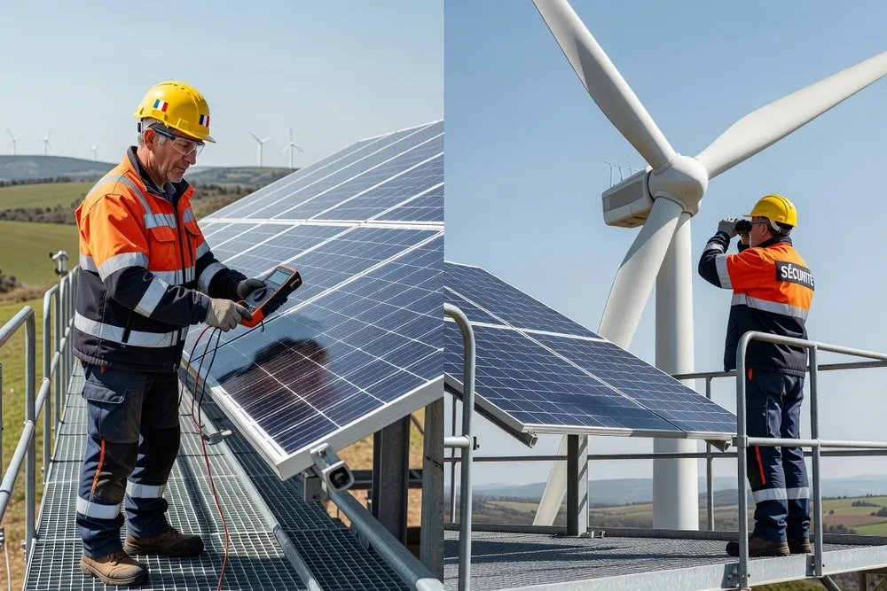 Technicien français en équipement de sécurité inspectant des panneaux solaires ou une éolienne