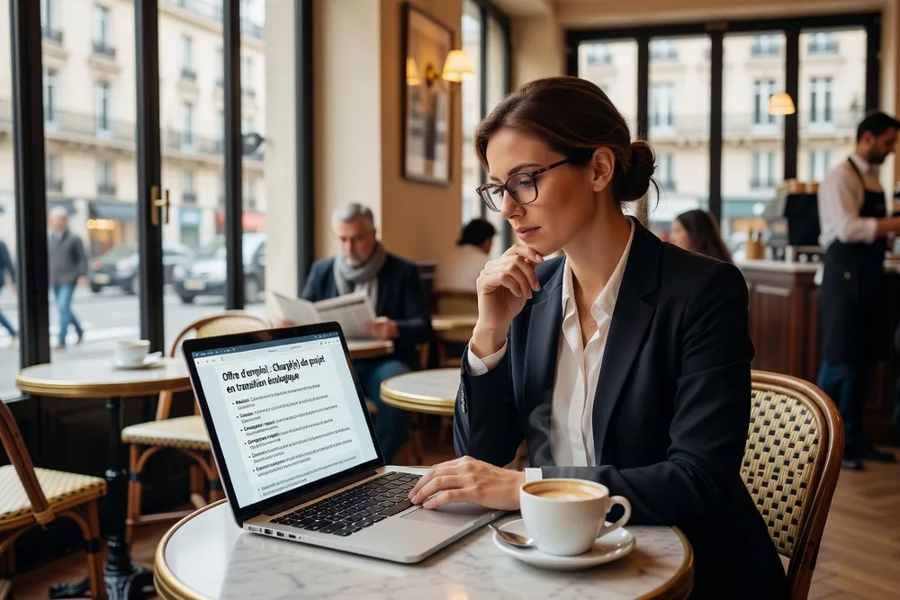 Jeune professionnelle française consultant un ordinateur portable affichant une offre d’emploi sur une plateforme spécialisée transition écologique