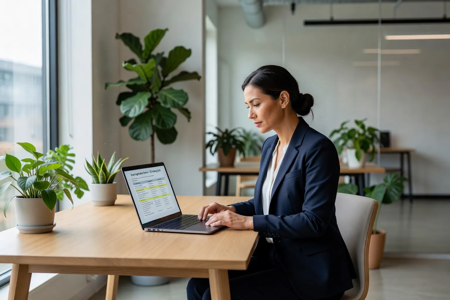 Entrepreneur consultant des formulaires de subvention sur ordinateur avec plante verte