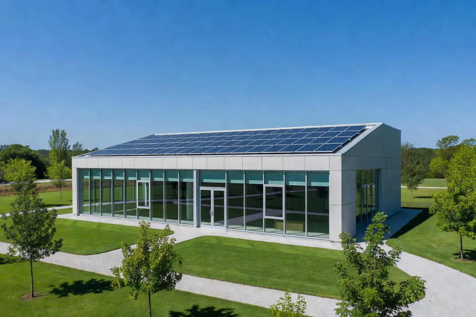 Bâtiment de PME avec panneaux solaires et ciel bleu, symbole de transition énergétique