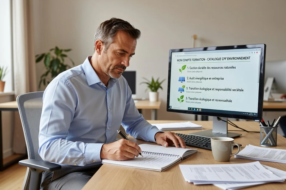 Salarié consultant son Compte Personnel de Formation sur l'ordinateur de son bureau
