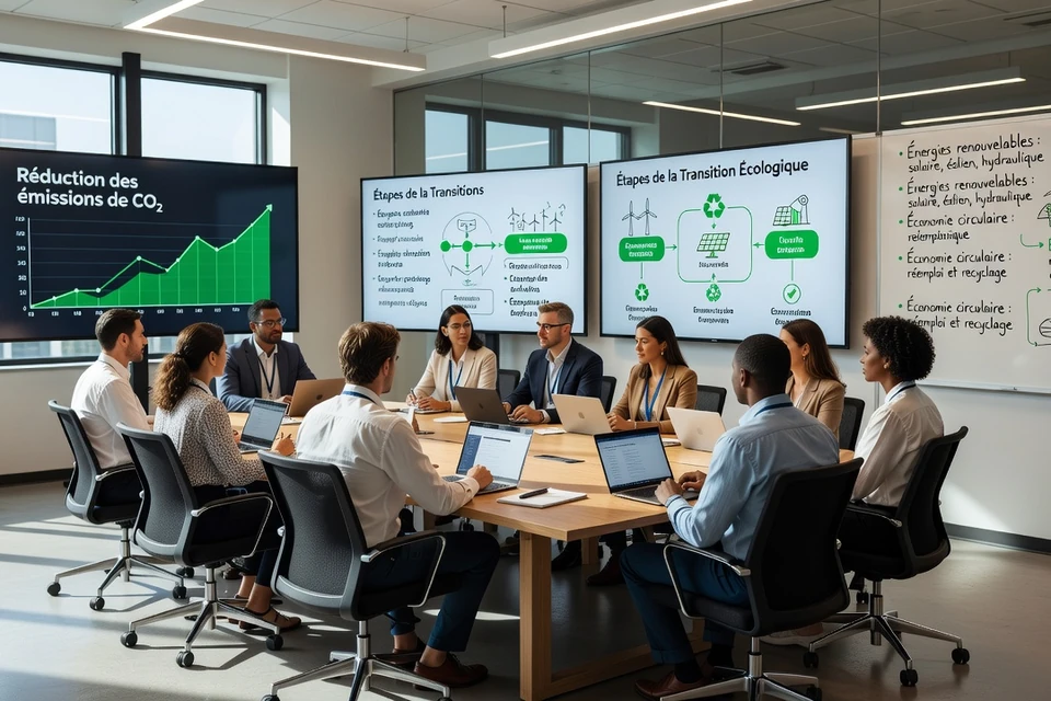 Adultes en formation professionnelle sur la transition écologique dans une salle équipée
