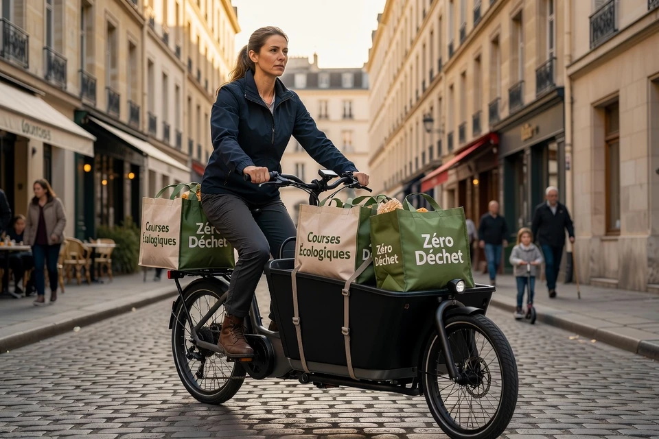 Professionnelle de services à domicile utilisant un vélo-cargo électrique en ville