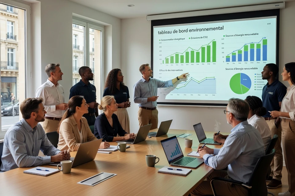 Réunion d'équipe de PME de services à domicile autour d'un tableau de bord environnemental