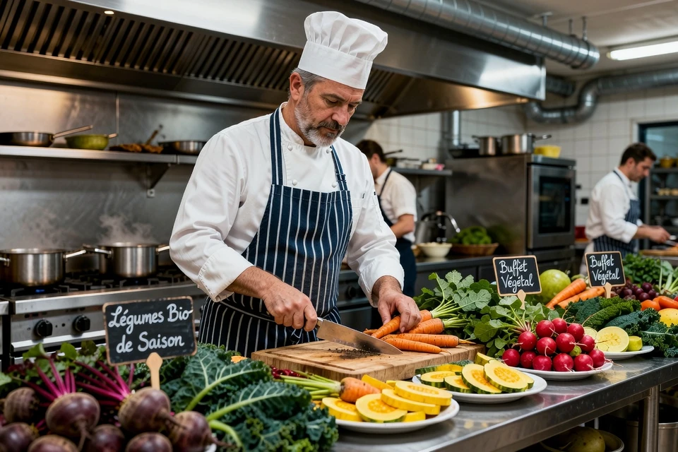 Traiteur préparant un buffet végétal avec des légumes bio et de saison pour un mariage éco-responsable