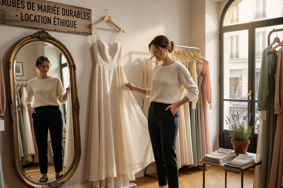 Future mariée choisissant une robe de mariée durable dans une boutique de location éthique