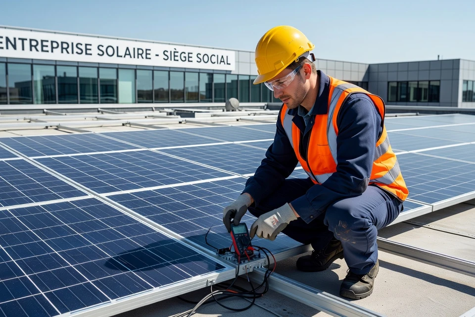 Technicien en équipement de sécurité inspectant des panneaux solaires sur le toit d'une entreprise