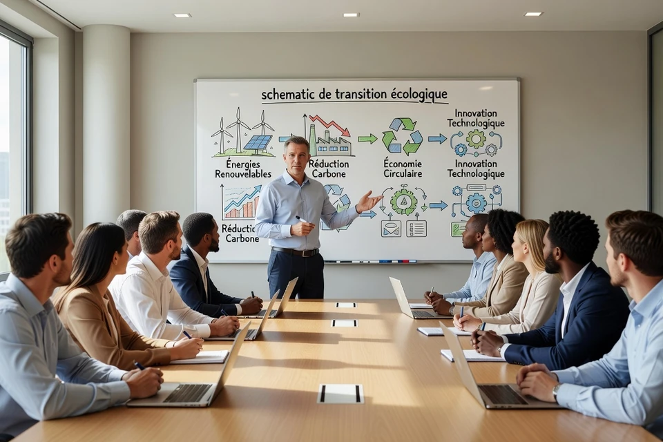 Formateur en transition écologique présentant un schéma d'économie circulaire à des professionnels en salle de formation