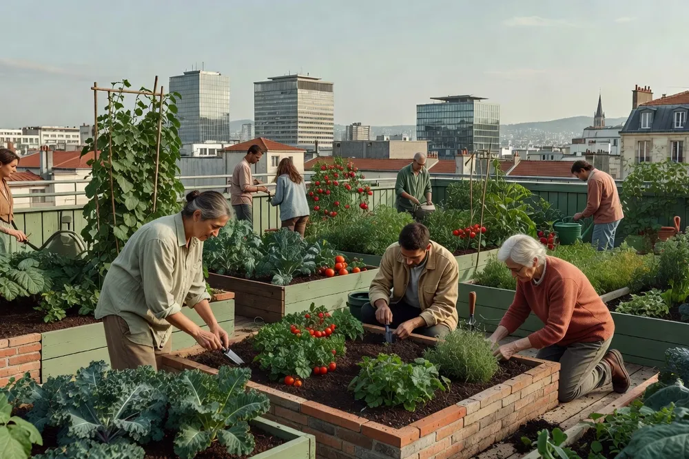 Potager urbain collectif sur toit en ville
