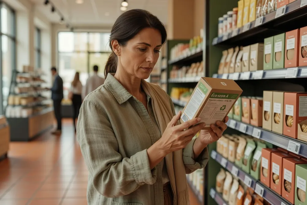 Consommateur verifiant un label environnemental sur un produit