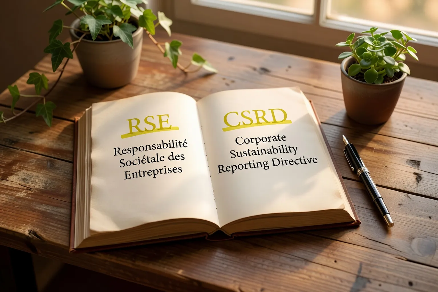 Livre ouvert avec définitions RSE et CSRD mis en évidence sur bureau en bois