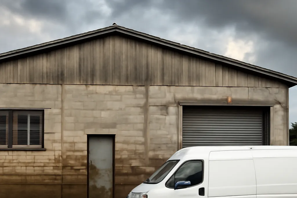 Bâtiment industriel avec traces d'inondation visibles sur la façade sous un ciel orageux, camionnette blanche garée devant