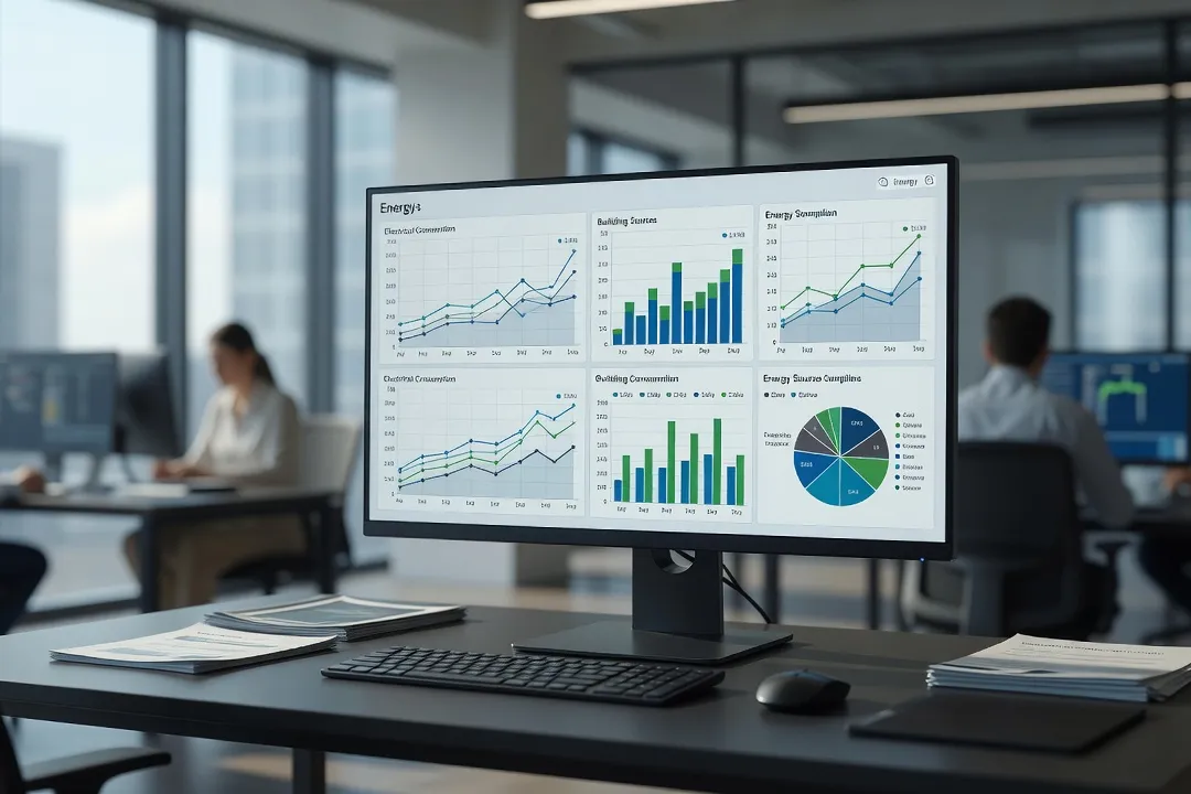 Écran de bureau affichant un tableau de bord de consommation énergétique multi-graphiques dans un openspace