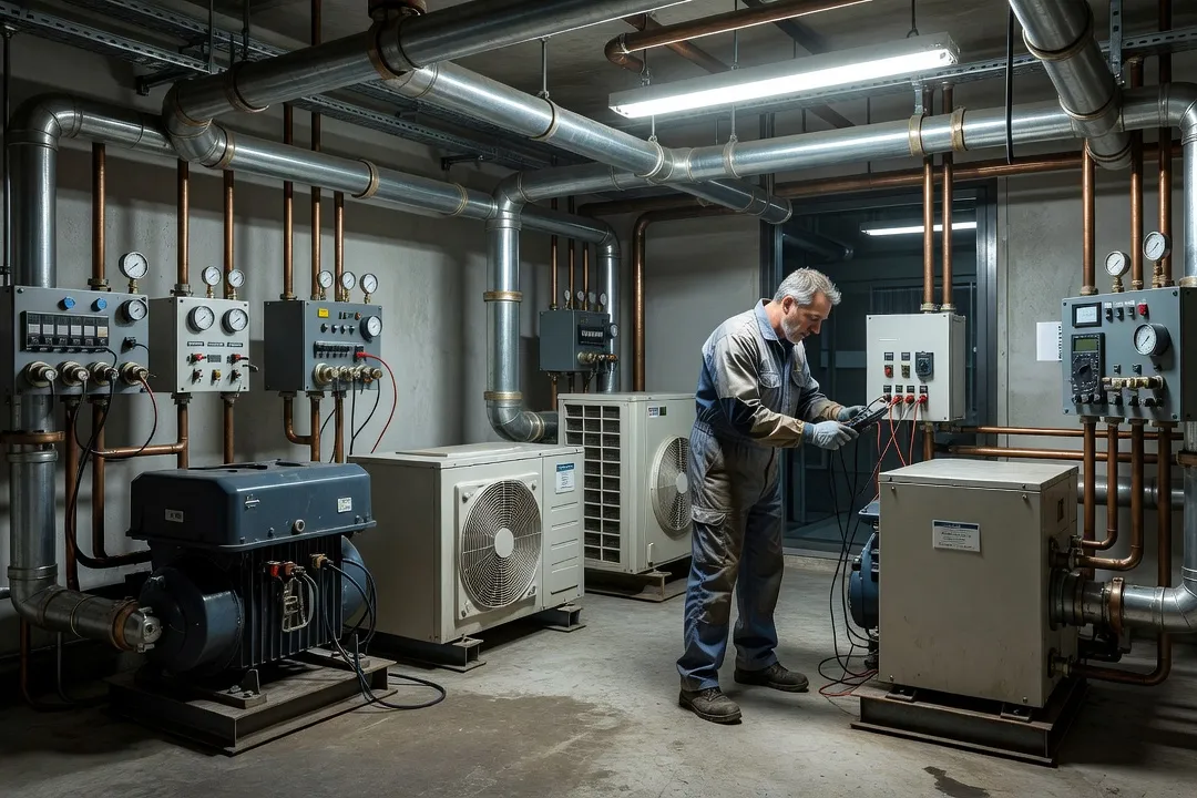 Technicien contrôlant une installation frigorifique dans une salle des machines avec tuyauterie cuivre et manomètres