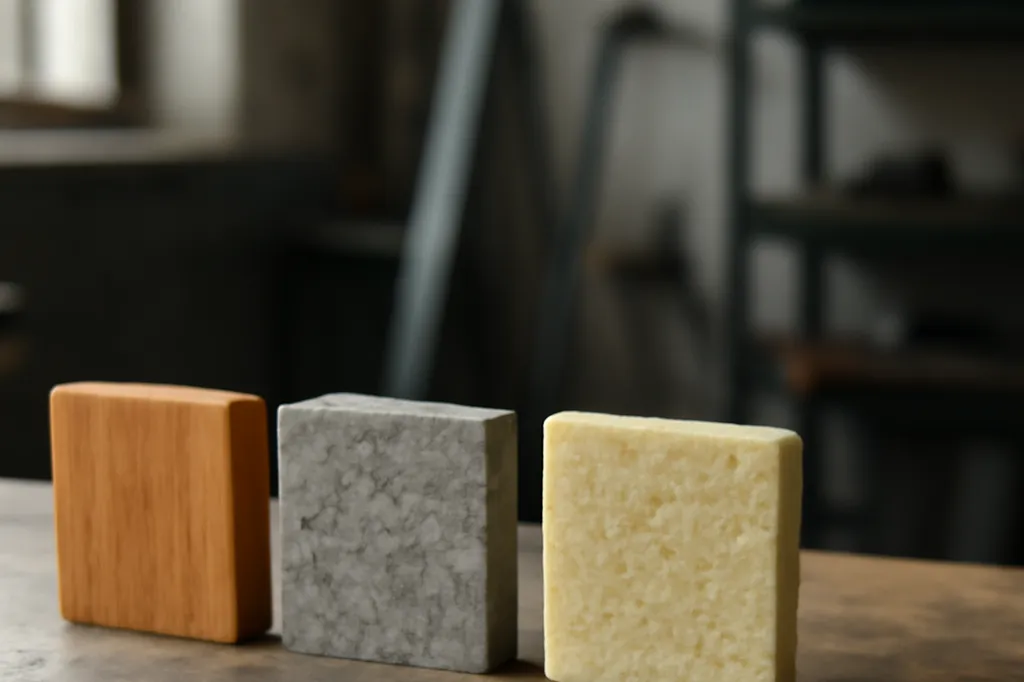 Trois échantillons de matériaux (bois, pierre, matériau clair) alignés sur une table d'atelier