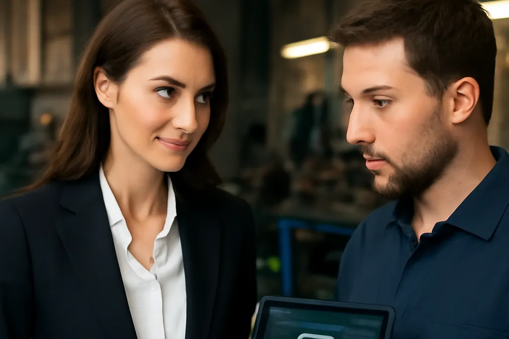 Une femme et un homme en tenue professionnelle discutant avec une tablette affichant des données d'usage, atelier en arrière-plan
