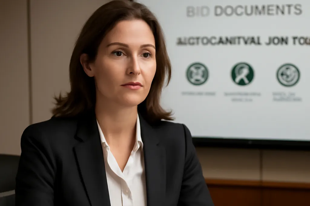Femme en tailleur devant un écran flou affichant un dossier de candidature à un marché public