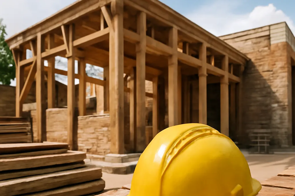 Casque de chantier jaune posé sur un chantier de bâtiment à ossature bois avec matériaux de réemploi
