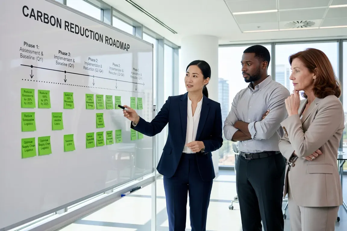 Équipe RSE en réunion de travail sur le reporting carbone