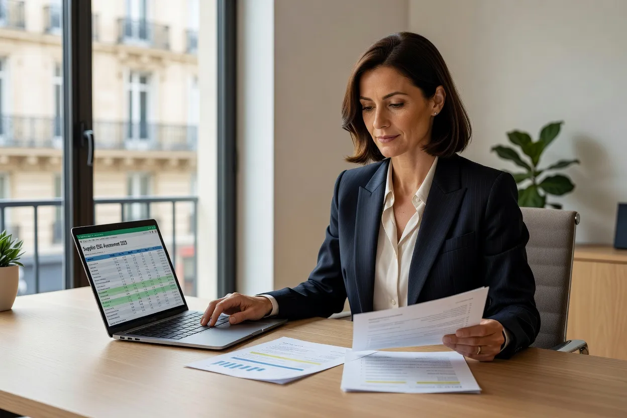 Acheteuse responsable RSE analysant des criteres ESG fournisseurs
