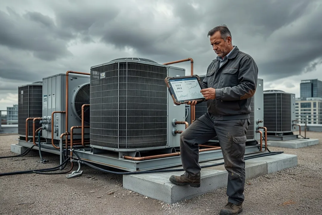 Technicien consultant une tablette de suivi énergétique devant des unités de climatisation sur le toit d'un immeuble tertiaire