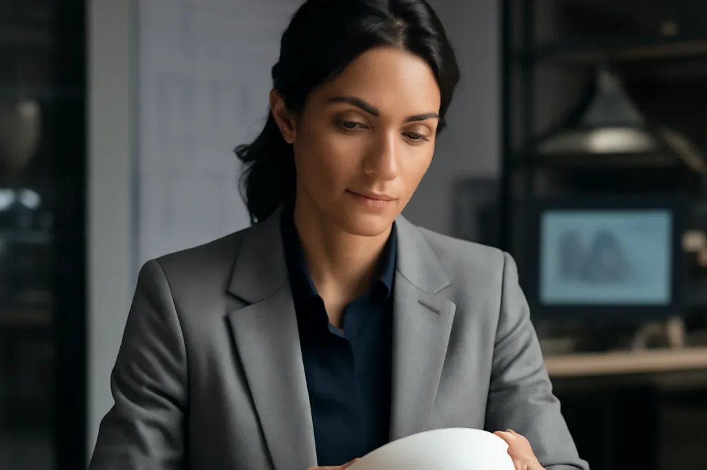 Femme en tailleur examinant un prototype de produit blanc, écran avec schéma technique en arrière-plan