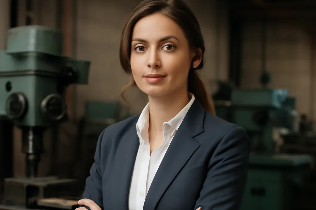 Femme en tailleur bras croisés devant une perceuse à colonne industrielle dans un atelier