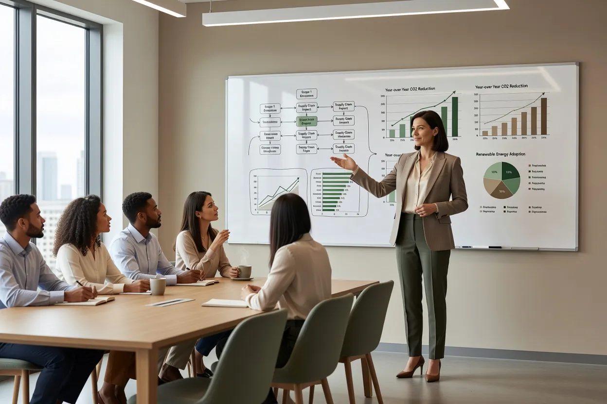 Formatrice en transition écologique animant un atelier RSE devant des salariés en entreprise